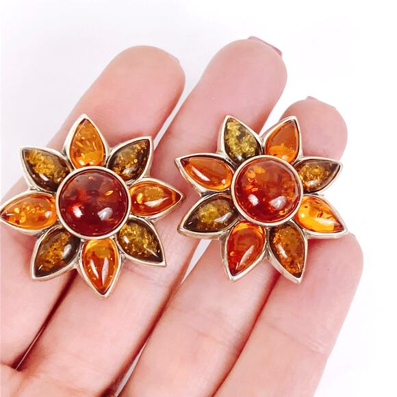 Genuine Baltic Amber Sterling Silver Clip On Sunflower Earrings Poland Vintage - Picture 3 of 16